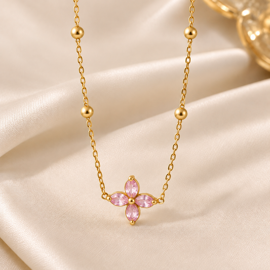 NSJ48C Pink Clover Necklace 18k Gold PVD plated