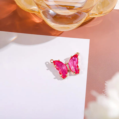 BBB 206 (k) Bright Pink Butterfly 14k gold plated Zircon crystal charm ( 1 pc ) Anti tarnish ( 22:16 mm )