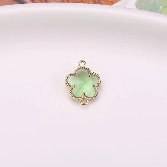 BBB 207 (e) Light Green Plum Blossom 14k gold plated Zircon Crystal Connector ( 1 pc ) Anti tarnish ( 11:7 mm )