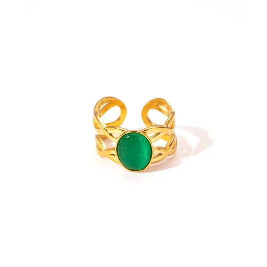 SJ 892 Green Stone Wavy Ring Adjustable - 18k Gold PVD plated stainless steel - Anti tarnish