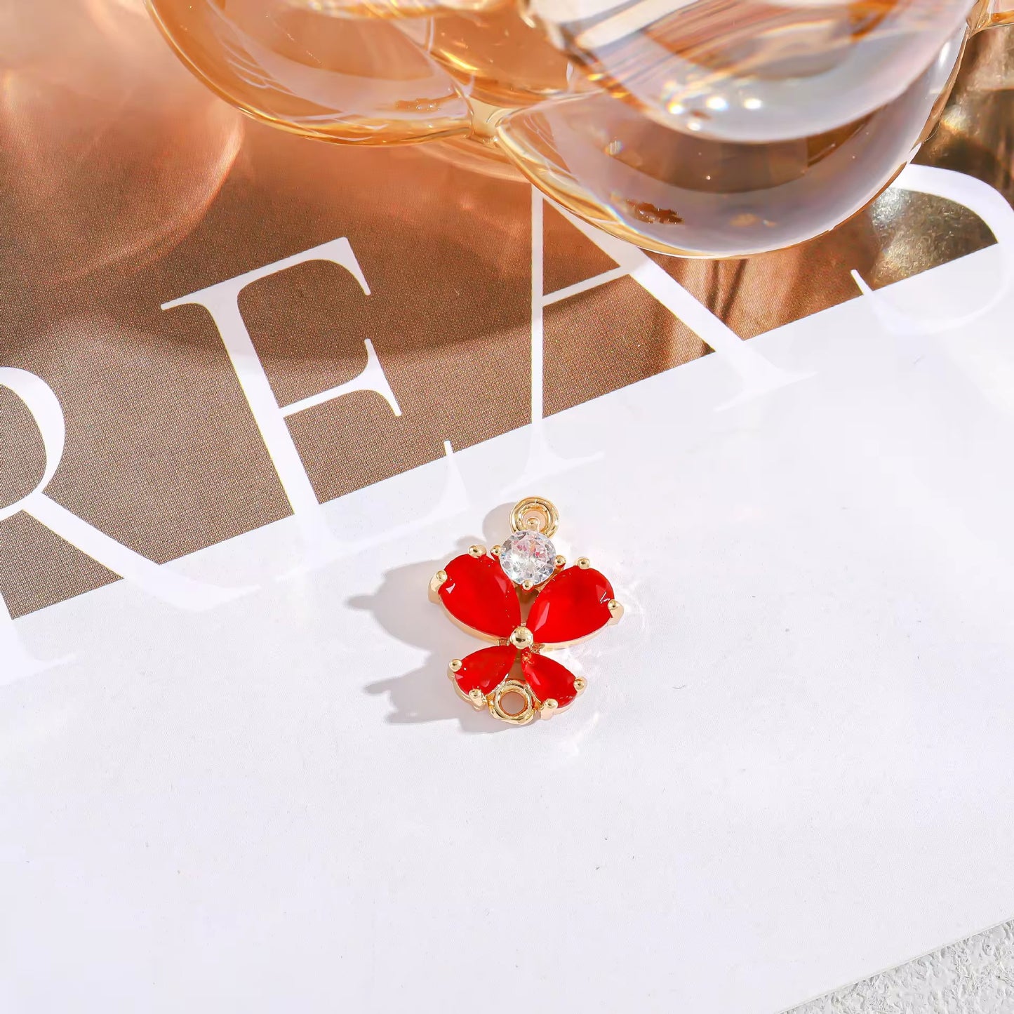 GPC11 J (3) Red Butterfly Charm 14k gold plated Zircon crystal  ( 1 pc ) Anti tarnish