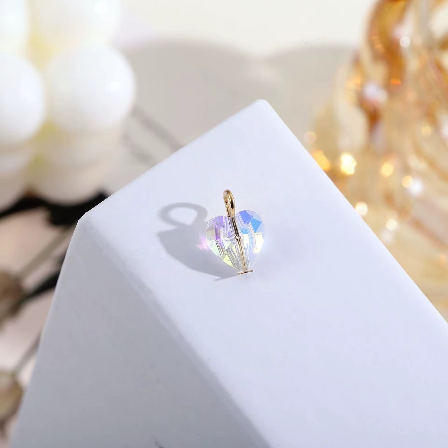 BBB 283 (d) Holographic Heart Crystal Bead charm 14k gold plated crystal ( 1 pc ) Anti tarnish ( 12 mm )