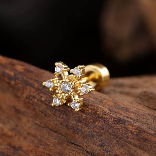 SJ 876 Snowflake Zircon Cartilage 2nd Piercing Stud ( 1 pc ) - 18k Gold PVD plated stainless steel - Anti tarnish