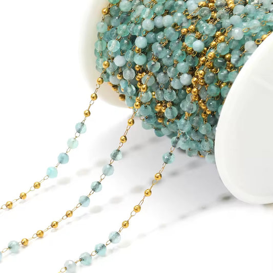 CN 68 Light Green Stone Crystal link Chain 18k Gold Stainless steel( 1 feet ) Anti tarnish ( .8 * 2 mm )