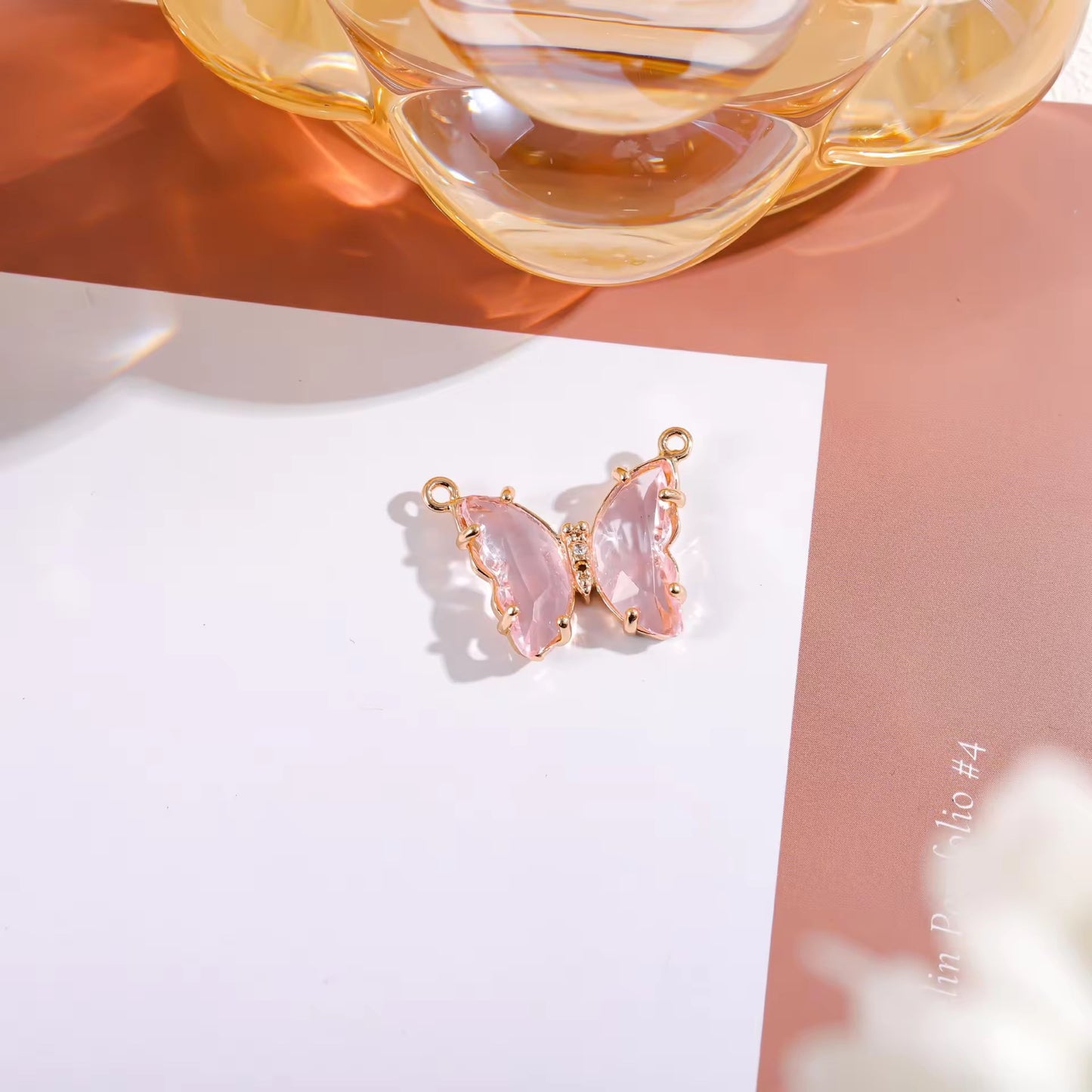BBB 206 (c) Light Pink Butterfly 14k gold plated Zircon crystal charm ( 1 pc ) Anti tarnish ( 22:16 mm )