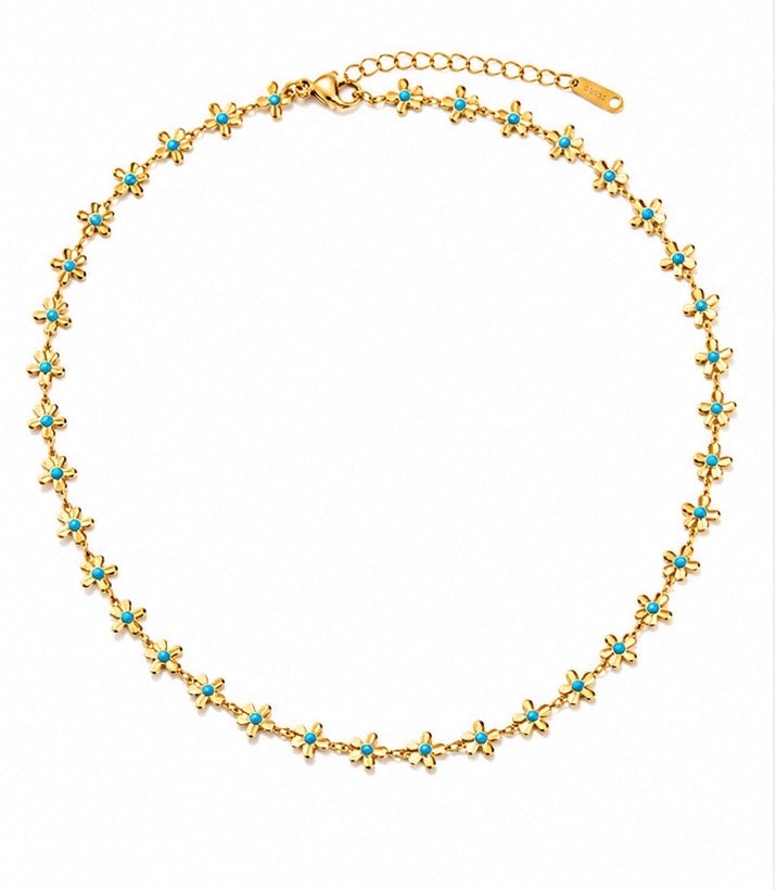 NSJ20E Blue floral Necklace - 18k Gold PVD plated 316 stainless steel - Anti tarnish