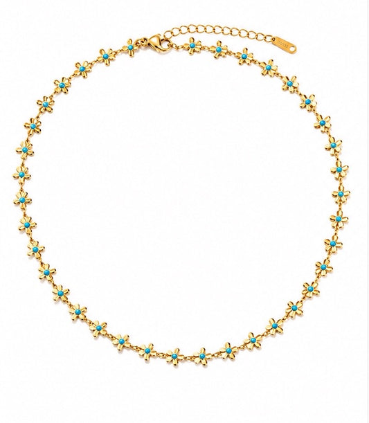 NSJ20E Blue floral Necklace - 18k Gold PVD plated 316 stainless steel - Anti tarnish