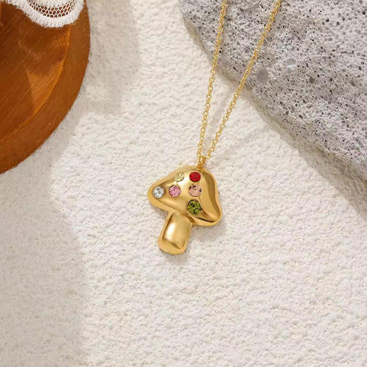 SJ 715 Mushroom Zircon Pendant Necklace - 18k Gold PVD plated stainless steel - Anti tarnish