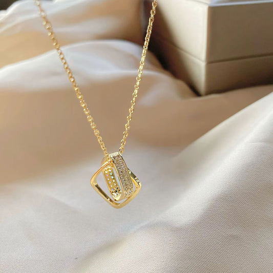 SJ 751 Zircon double square Necklace - 18k Gold PVD plated stainless steel - Anti tarnish
