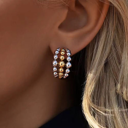 SJ 944 Dual Tone Beaded C hoop stud Earring - 18k Gold PVD plated stainless steel - Anti tarnish