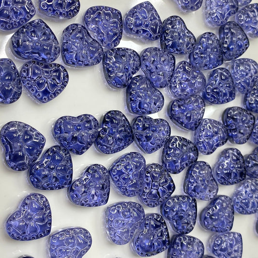 GB 628 dark blue heart bow engraved glass beads ( 1 pc )
