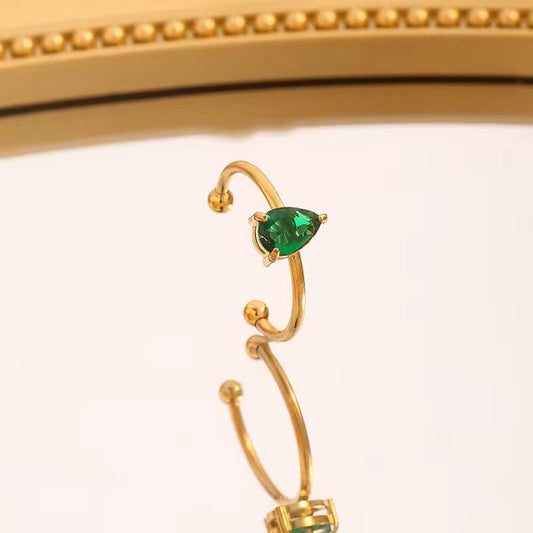 SJ 542 Emerald Teardrop Zircon ring adjustable  - 18k Gold PVD plated stainless steel - Anti tarnish