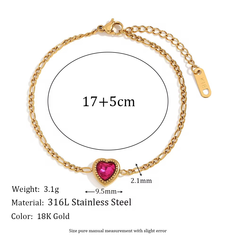 SJ 417 Red Zircon Heart Figaro Bracelet- Premium 18k Gold PVD plated stainless steel - Anti tarnish - Wholesale