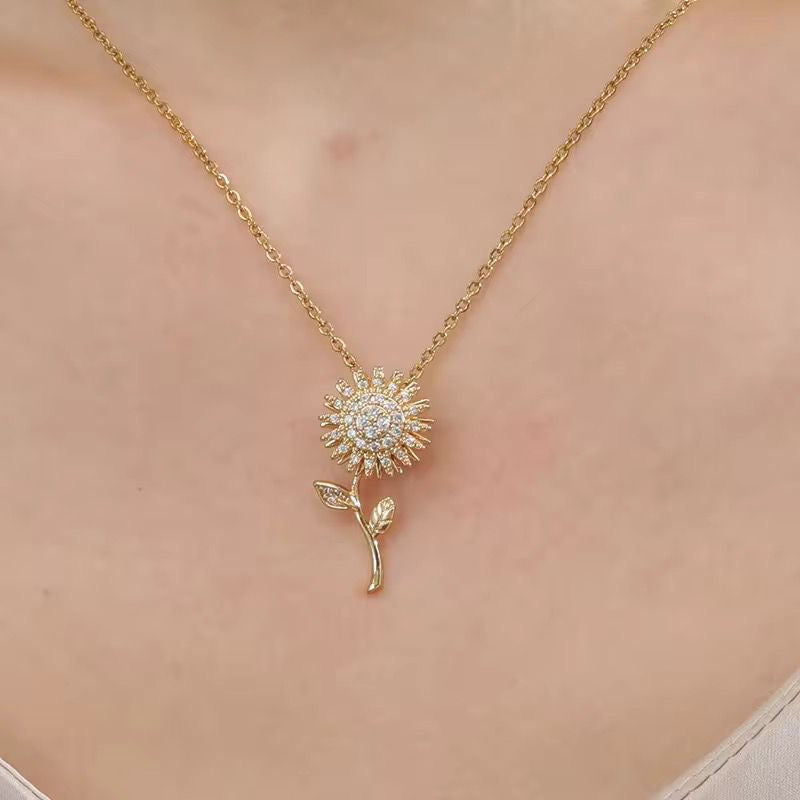 NSJ36E Sunflower Necklace Stainless steel chain and zircon Copper gold plated pendant