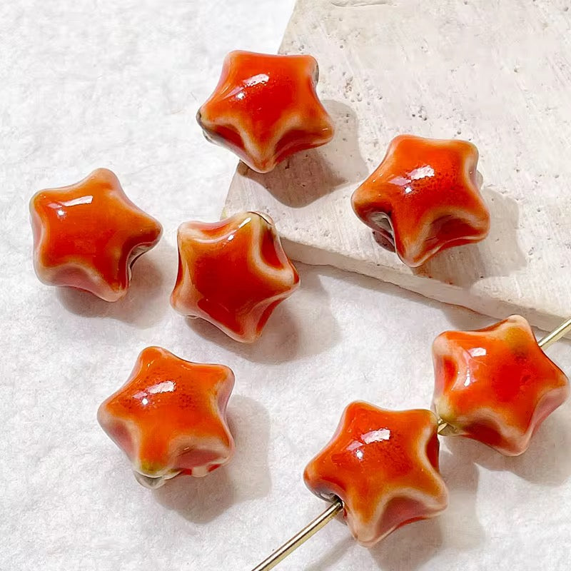 BBB 255 (h) Orange Chunky Star Ceramic bead ( 1 pc ) Porcelian Ceramic ( 15 mm )