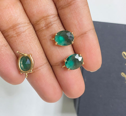 SS 544 green oval zircon crystal gold plated stud - anti tarnish