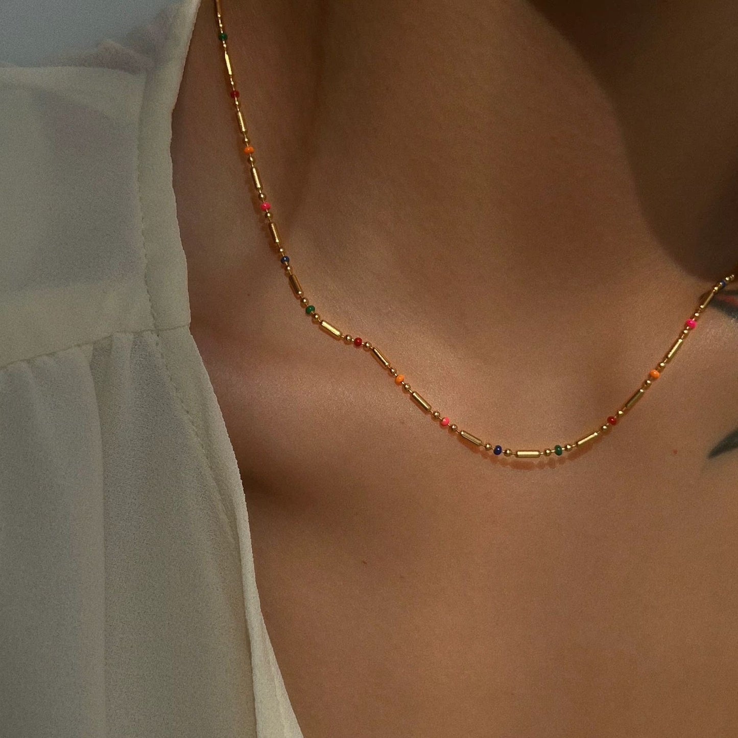 SJ 836 Rainbow Droplet beaded Necklace - 18k Gold PVD plated stainless steel - Anti tarnish