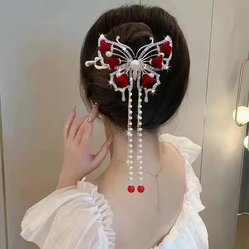 HA 40 Butterfly Rhinestone Pearl Metal Hair Clip with Dangling drop( 1 pc )