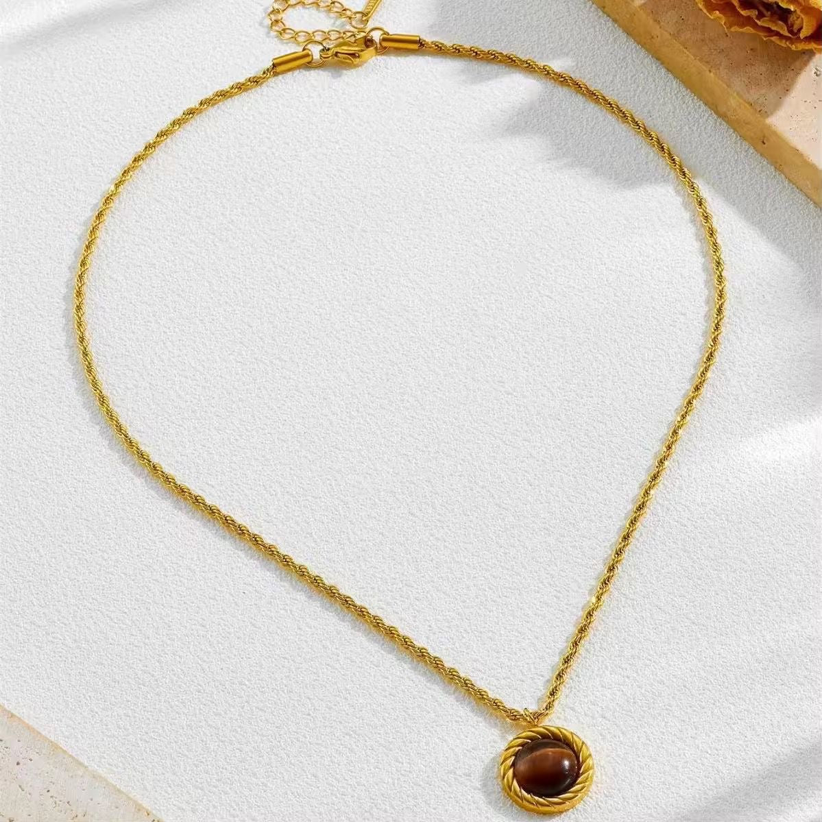 SJ 758 Tiger Eye stone Retro Twist Necklace - 18k Gold PVD plated stainless steel - Anti tarnish
