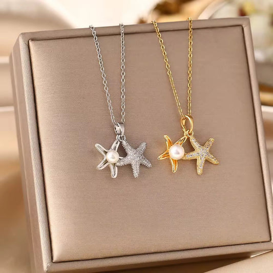 SJ 726 Zircon Pearl Starfish Necklace - 18k Gold PVD plated stainless steel - Anti tarnish