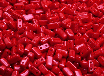 BBB 123 (A)  Czech Two Hole Pressed Glass Brick Beads Opaque Red Coral -(1PC)