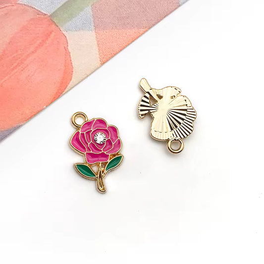 BBB 293 (b) Bright Pink Rose Flower enamel charm ( 1 pc ) High quality shine ( 12:15mm )