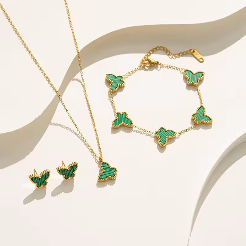 SJ 527 Green Butterfly jewelry set ( chain, bracelet and earring ) - 18k Gold PVD plated stainless steel - Anti tarnis