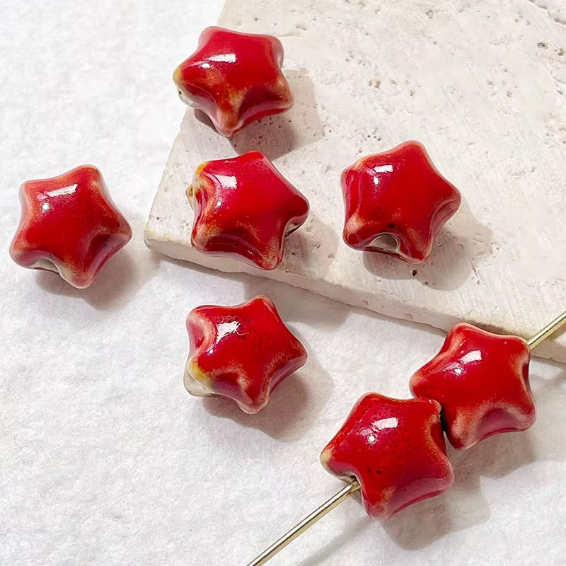 BBB 255 (d) Red Chunky Star Ceramic bead ( 1 pc ) Porcelian Ceramic ( 15 mm )