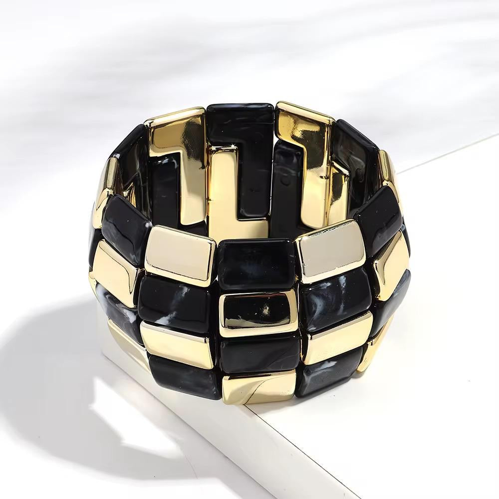 SJ 632 Black Marble Spliced Geometric Resin Bead Bracelet - Anti tarnish