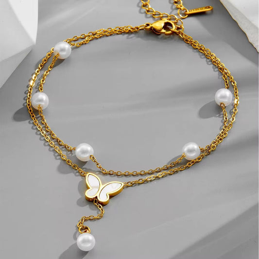 SJ 710 Butterfly Double layer Dangling Anklet - 18k Gold PVD plated stainless steel - Anti tarnish