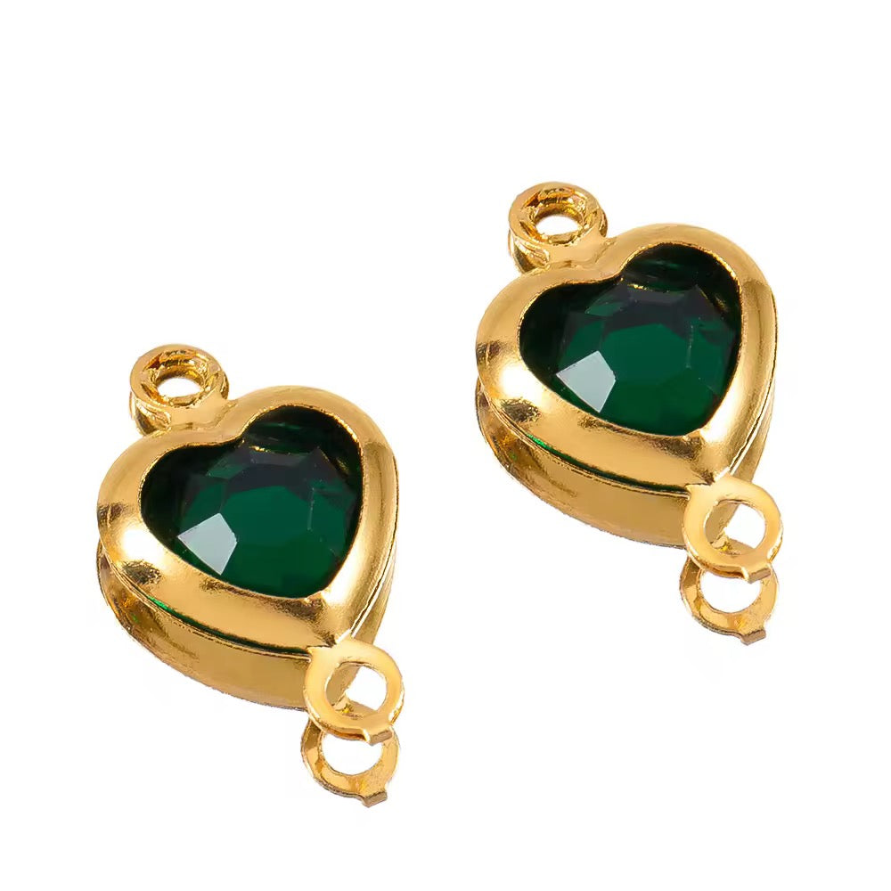 SS 2719 Dark Green Heart Zircon Double loop connector - 18k Gold plated 316 stainless steel ( 1 pc ) Anti tarnish ( 7.5 * 12 mm )
