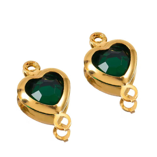SS 2719 Dark Green Heart Zircon Double loop connector - 18k Gold plated 316 stainless steel ( 1 pc ) Anti tarnish ( 7.5 * 12 mm )
