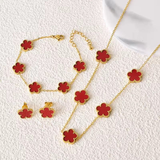 SJ 536 Red clover flower set ( chain, bracelet, stud )- 18k Gold PVD plated stainless steel - Anti tarnish