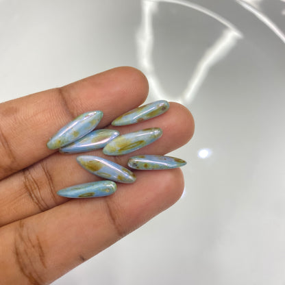 AB116E Czech pressed Glass Dagger Beads Opaque Chalk White Blue Brown Marble Luster -(1PC)