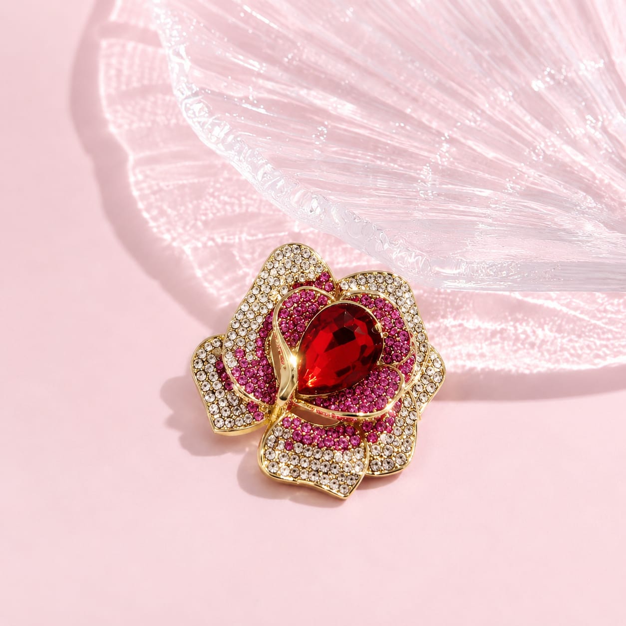 BR03C Ruby Heart Rose Zircon Brooch ( 1 PC ) Anti Resistant