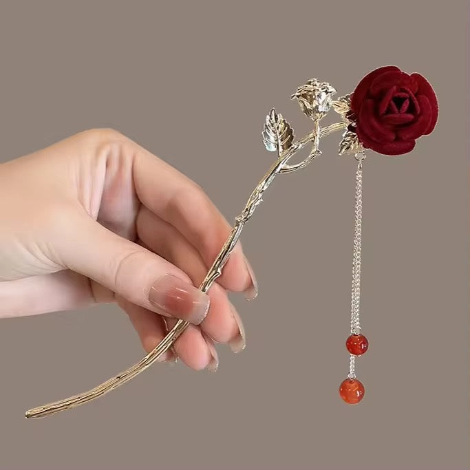 HA 26 Rose Floral Hair Stick with Dangling Tassel Drop - Retro korean Style ( 1 pc )