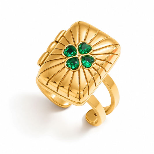 RSJ25E green Locket floral  zircon ring - 18K Gold PVD plated