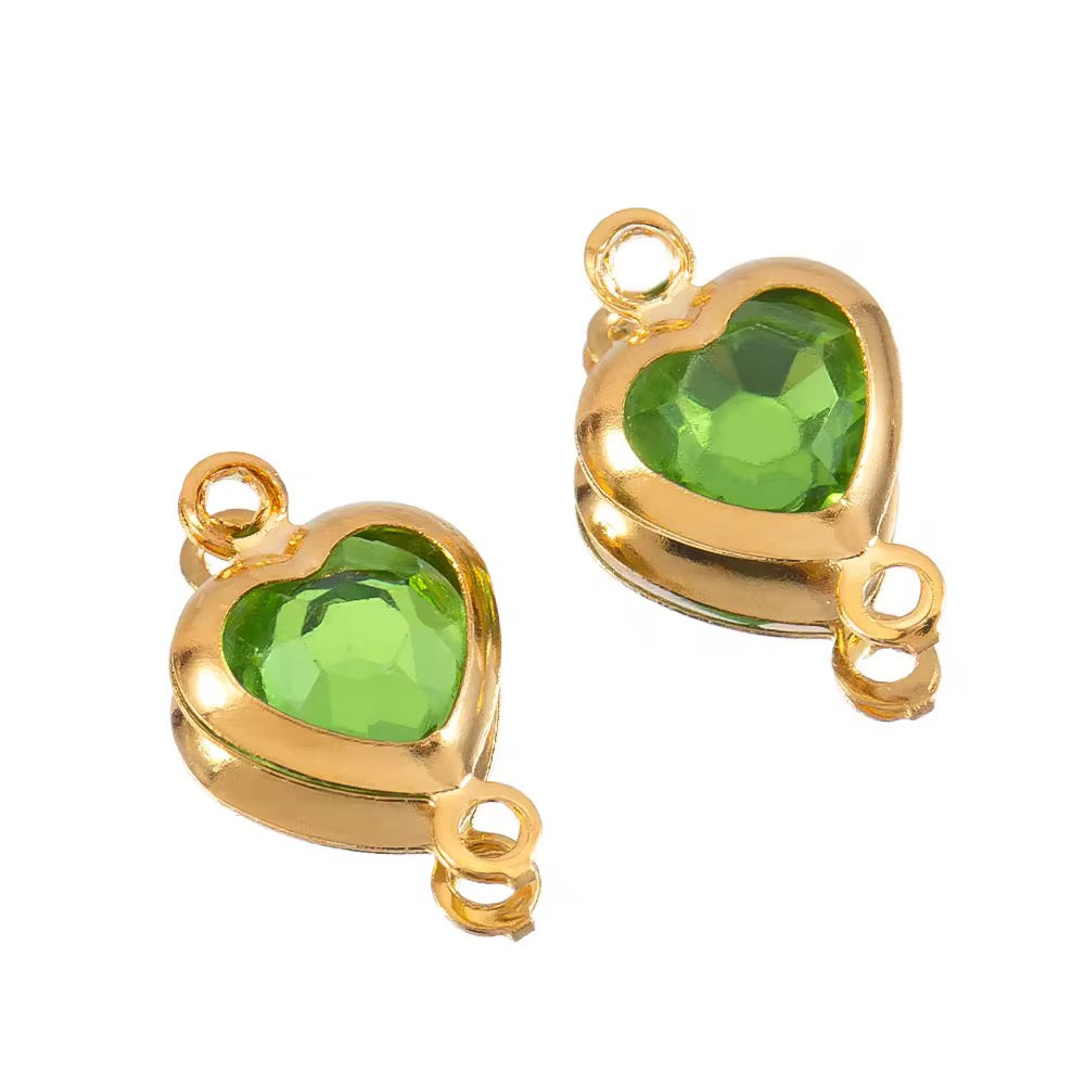 SS 2717 Light Green Heart Zircon Double loop connector - 18k Gold plated 316 stainless steel ( 1 pc ) Anti tarnish ( 7.5 * 12 mm )