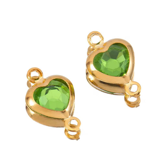 SS 2717 Light Green Heart Zircon Double loop connector - 18k Gold plated 316 stainless steel ( 1 pc ) Anti tarnish ( 7.5 * 12 mm )