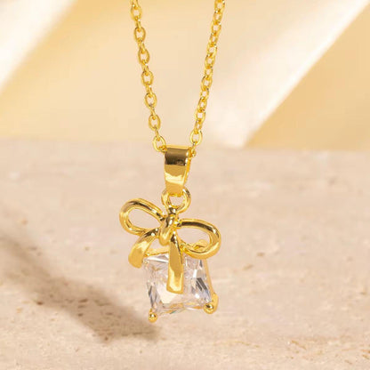 NSJ30F Square linked bow  zircon Necklace - 18k Gold PVD plated