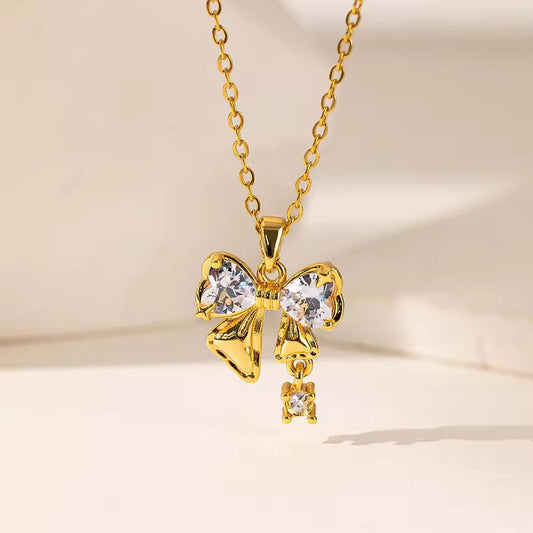 NSJ21D bow Zircon Necklace - 18k Gold PVD plated 316Nstainless steel - Anti tarnish