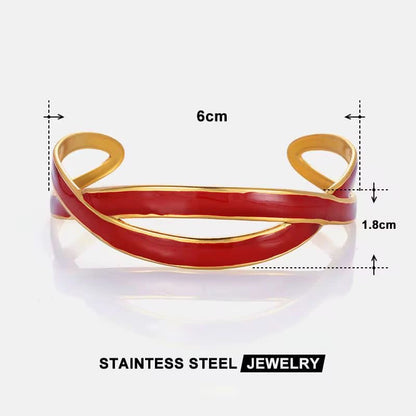 SJ 917 Red Enamel wavy cuff bracelet - 18k Gold PVD plated stainless steel - Anti tarnish