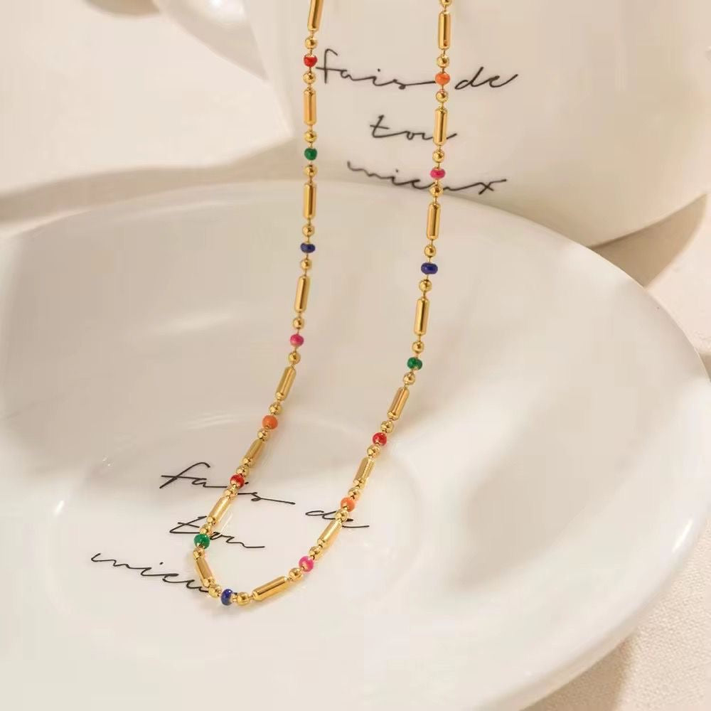 SJ 836 Rainbow Droplet beaded Necklace - 18k Gold PVD plated stainless steel - Anti tarnish