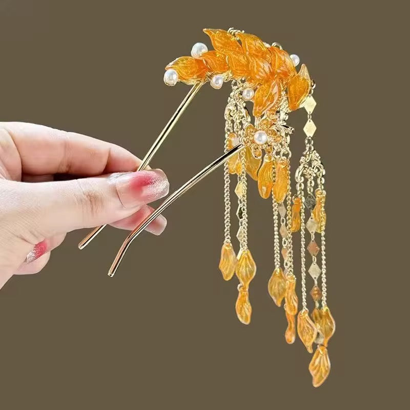HA 32 Orange Glass Floral U shape Hair Sticks with Dangling Drops - Retro korean Style ( 1 pc )
