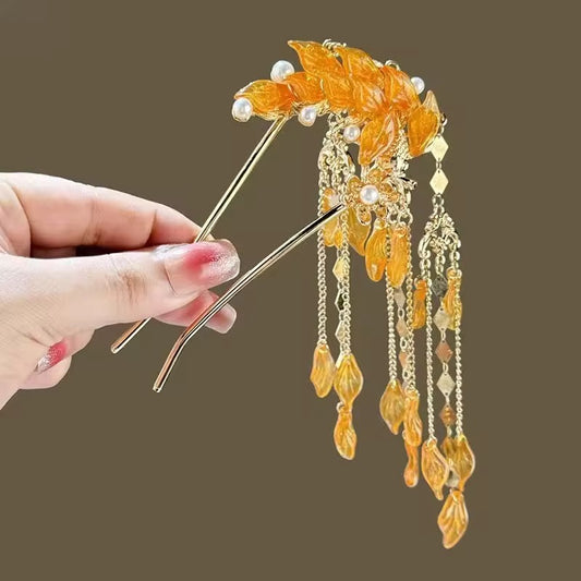 HA 32 Orange Glass Floral U shape Hair Sticks with Dangling Drops - Retro korean Style ( 1 pc )