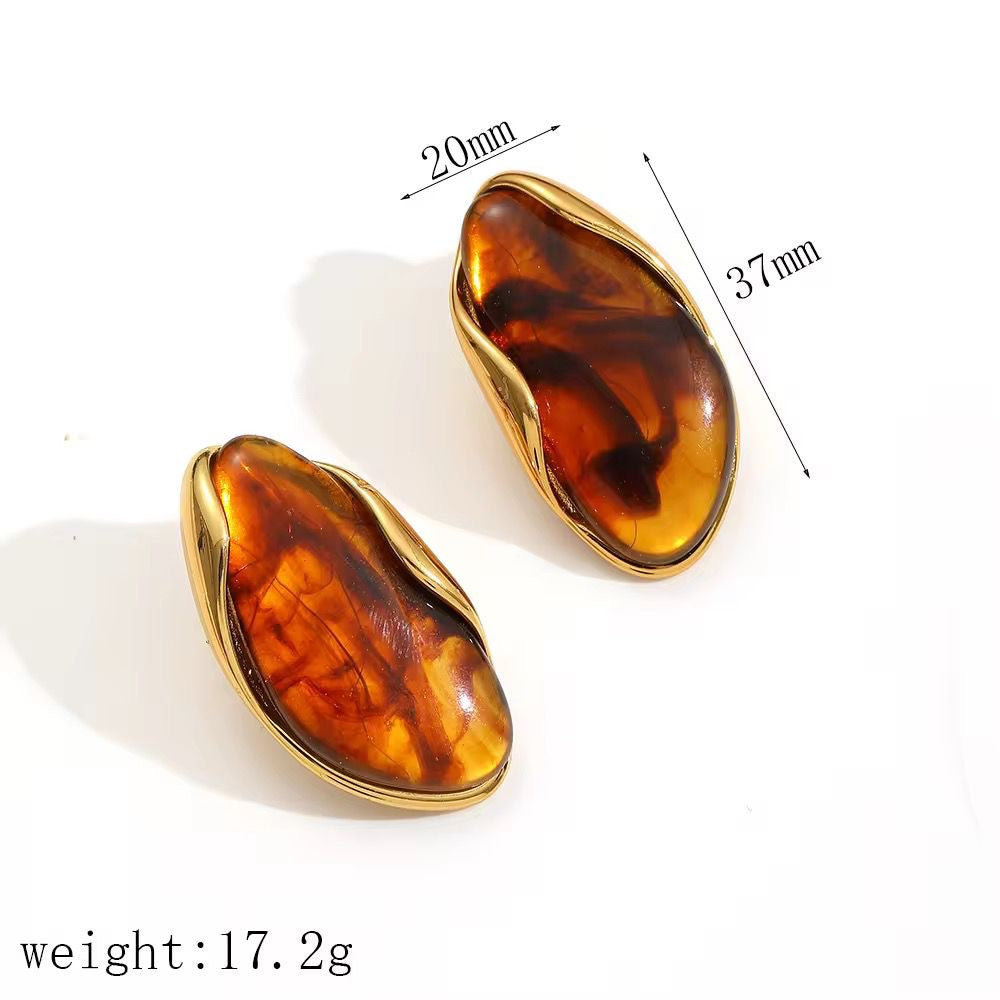 ESJ04E Amber red Teardrop amber earring -  18k Gold PVD plated 316 stainless steel - Anti tarnish
