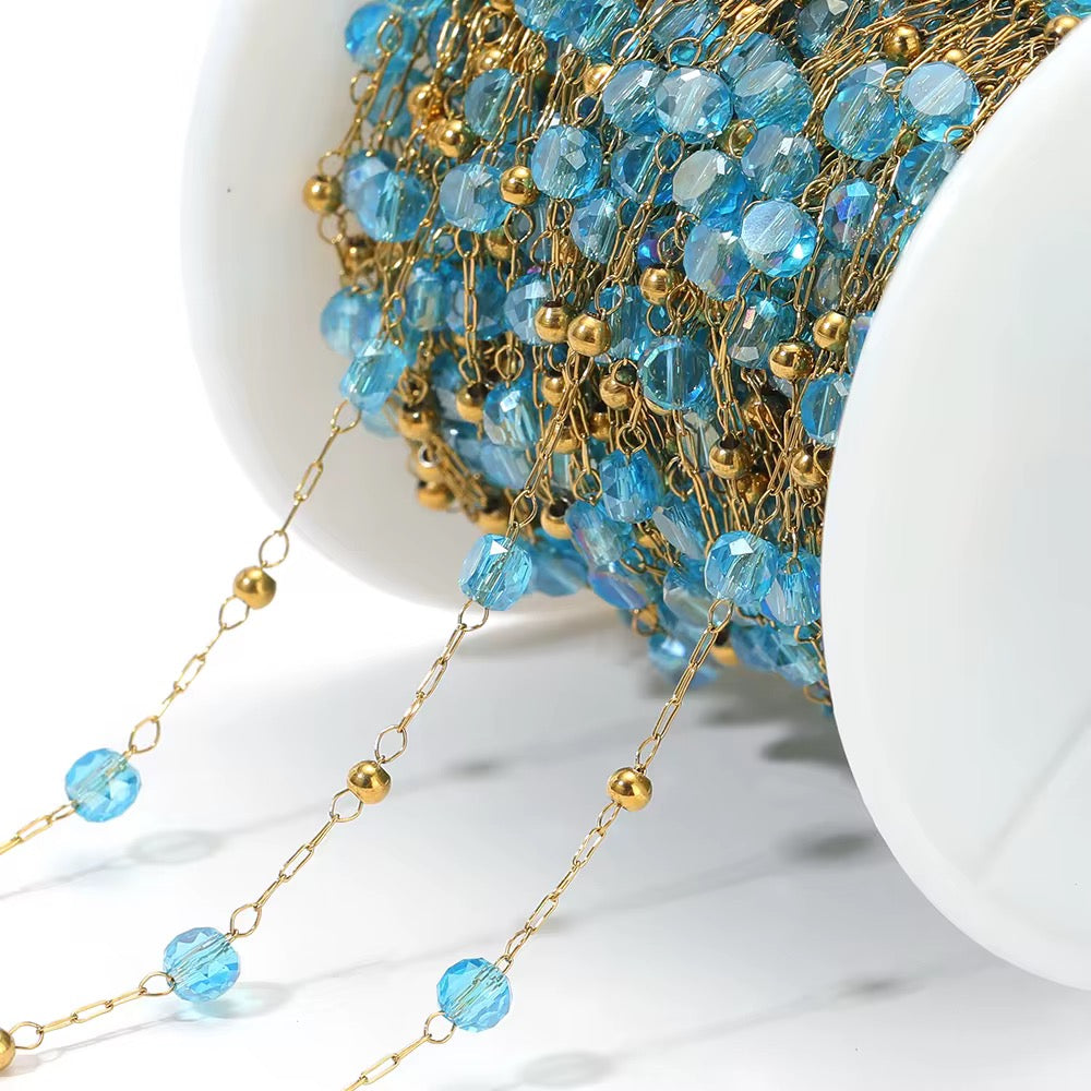CN 340 Sea Blue round crystal  Handmade gold 316 Stainless steel chain ( 1 feet ) Anti tarnish