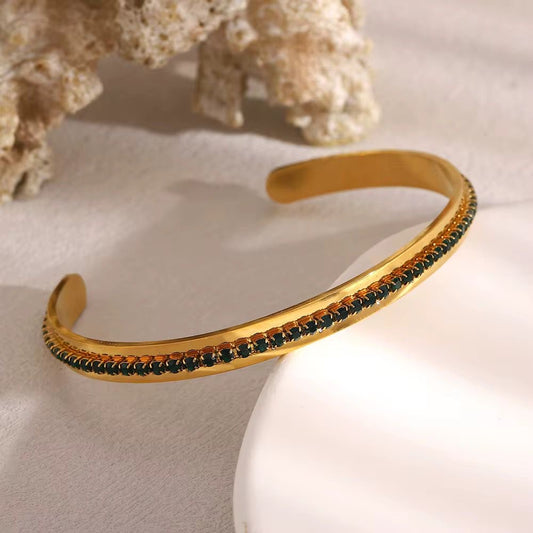 SJ 964 Emerald Zircon Cuff Bracelet - Premium jewellery- 18k Gold PVD plated stainless steel - Anti tarnish
