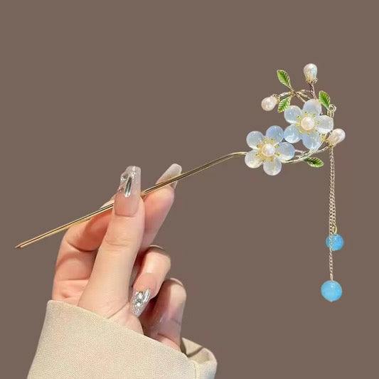 HA 08 Blue Floral Hair Stick with Dangling Tassel Drop - Retro korean Style ( 1 pc )
