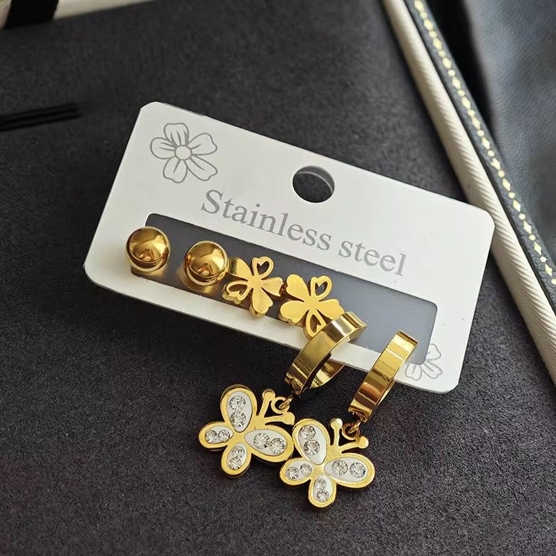 ESJ06D Floral & butterfly Stud set - 18k Gold PVD plated 316 stainless steel - Anti tarnish
